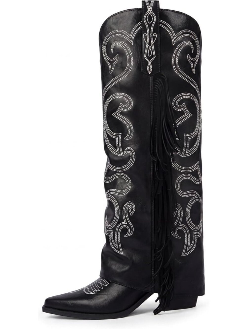 Women's Black Cowgirl Pointy Toe Chunky Block Western Embroidery High Heel Boots